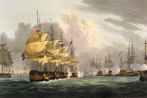 Die Zerstörung der dänischen Flotte vor Kopenhagen am 2. April 1801, graviert von Bailey für J. Jenkins